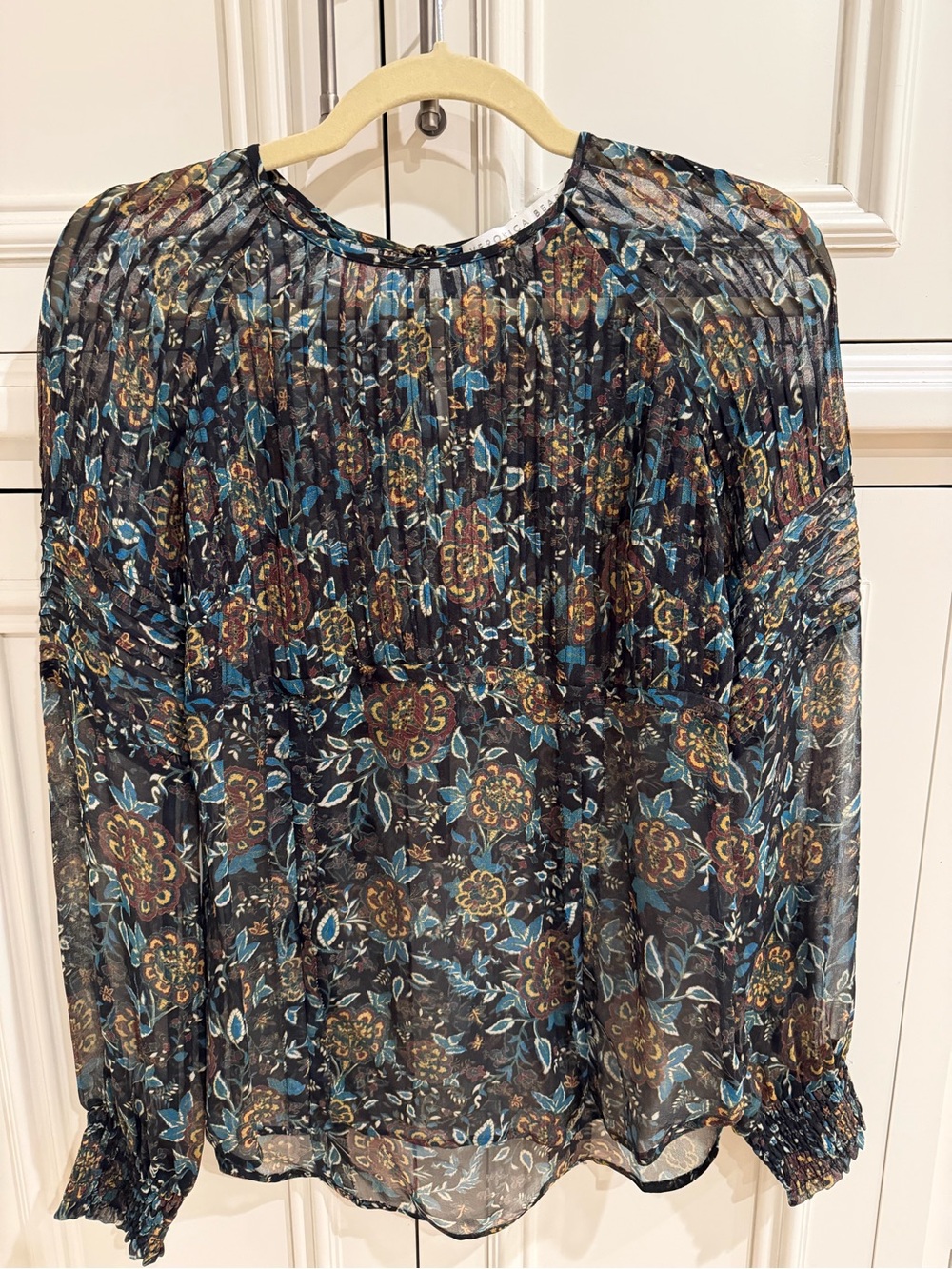 Veronica Beard Black Sheer Floral Long-Sleeve Blouse
